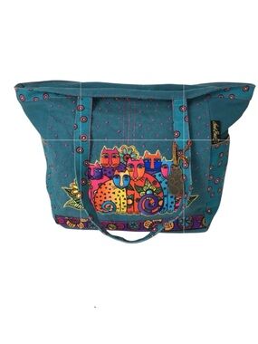 Laurel Burch Teal Multicolor Cat Canvas Tote